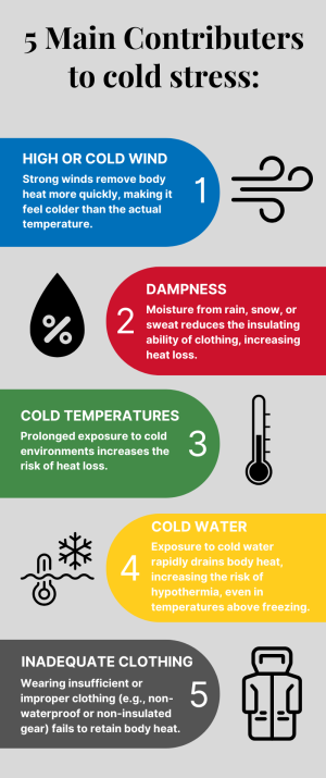 Infographic showing the five main contributors to cold stress, including wind, dampness, cold temperatures, cold water, and inadequate clothing.